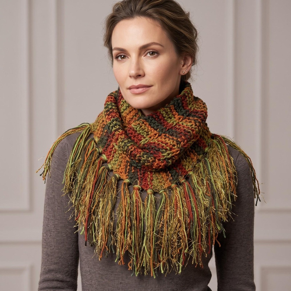 NEW Hand Knitted Boho Cowl Scarf Fringe Green Orange Cottage Indie Art Autumn